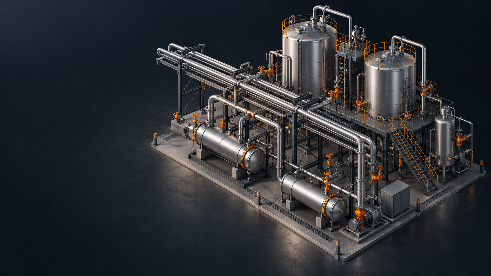 Three-dimensional process plant with silver vessels, pipework and orange details